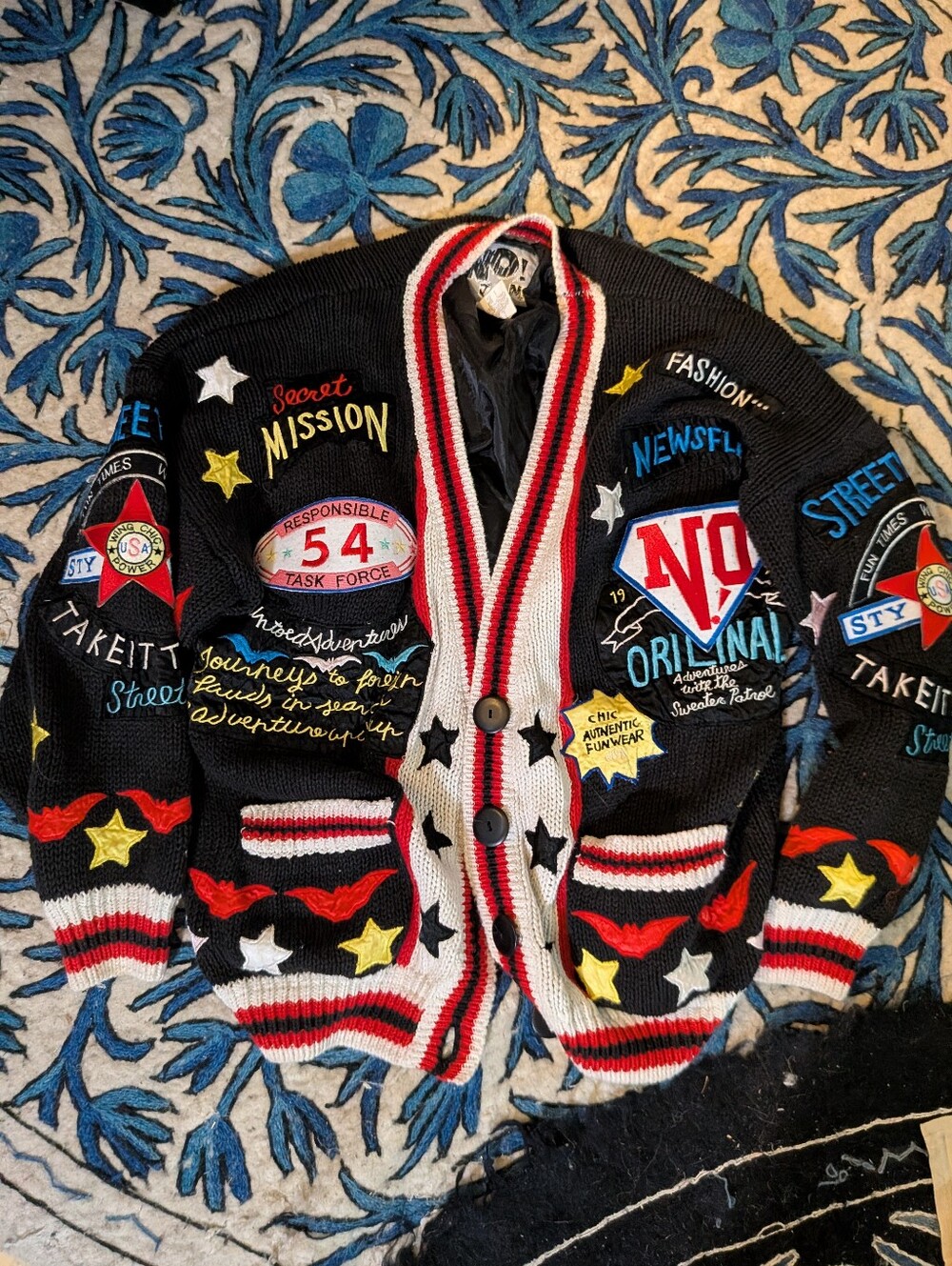 Vintage No! Jeans Fly To The Skies Black Patch Chunky Knit Cardigan OSFM